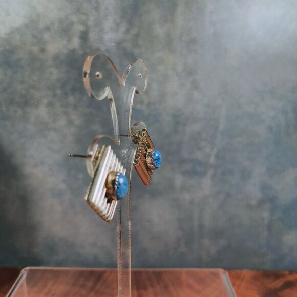 Native American Sterling Silver Denim Lapis Earrings With Ribbed Design - Picture 2 of 11